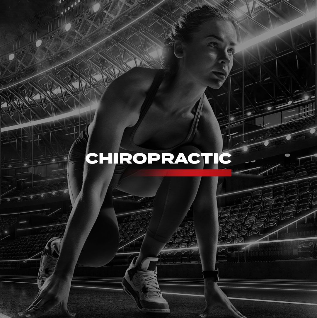 A black and white photo of a woman getting ready to run on a track with the word chiropractic in front of her.