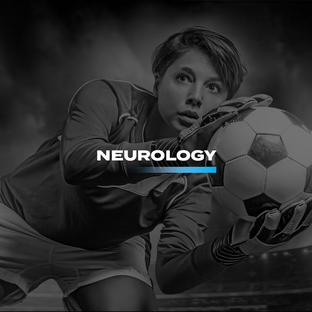 A woman is holding a soccer ball in her hands in a black and white photo with the words neurology in front of her.