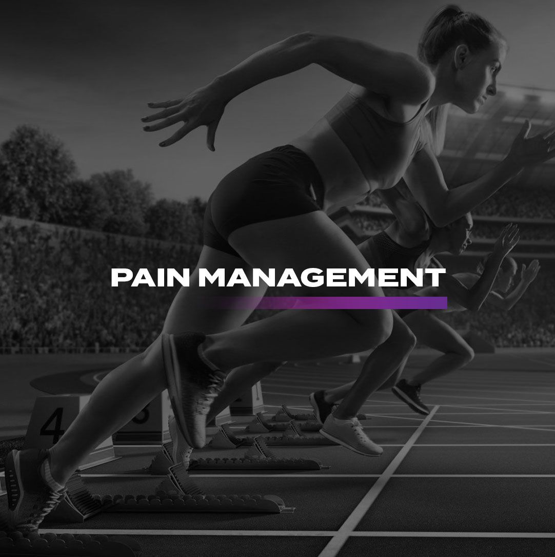 A woman is running on a track with the words pain management above her