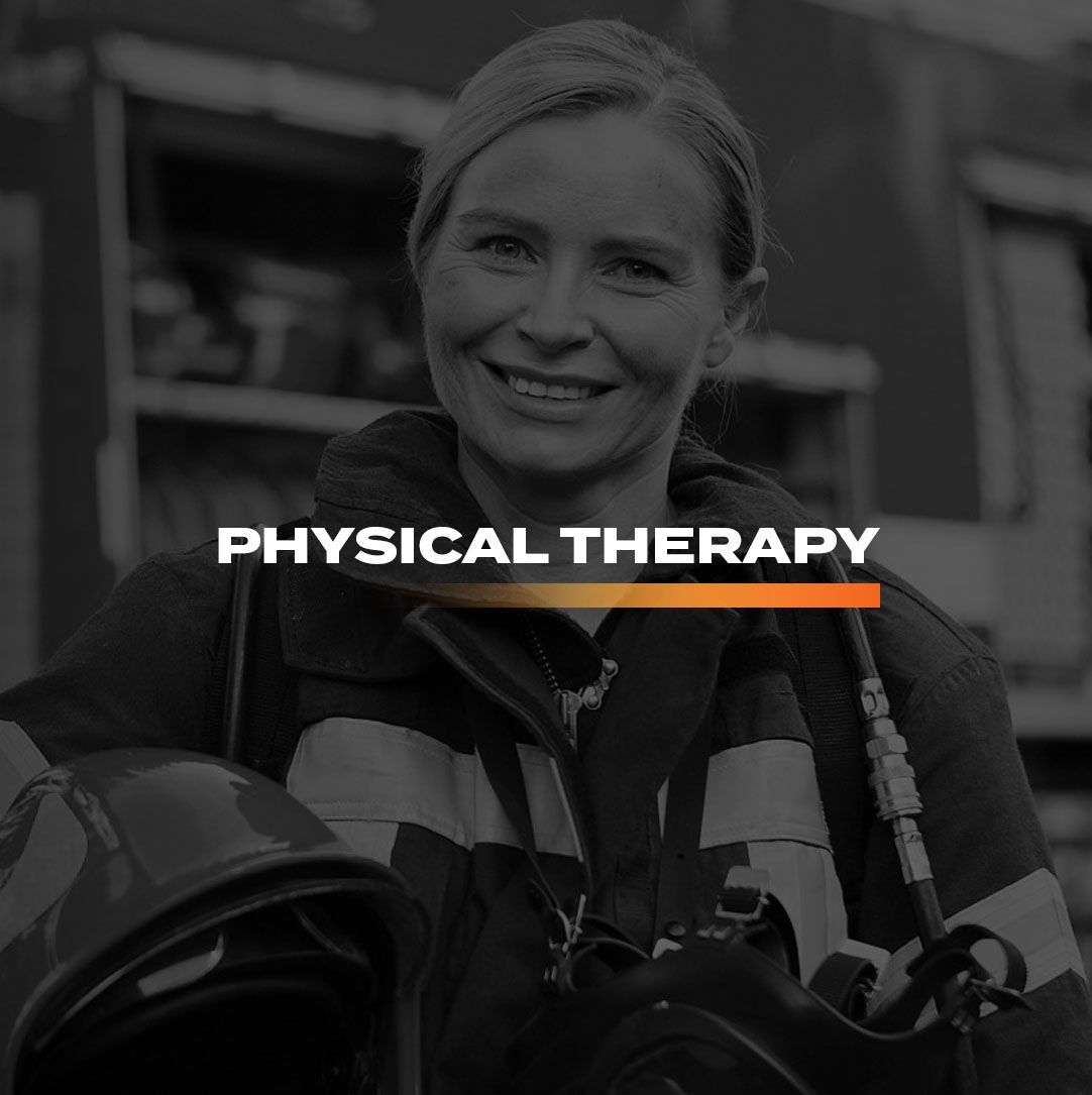 A woman in a fireman 's uniform is holding a helmet and smiling with the word Physical therapy in front of her.