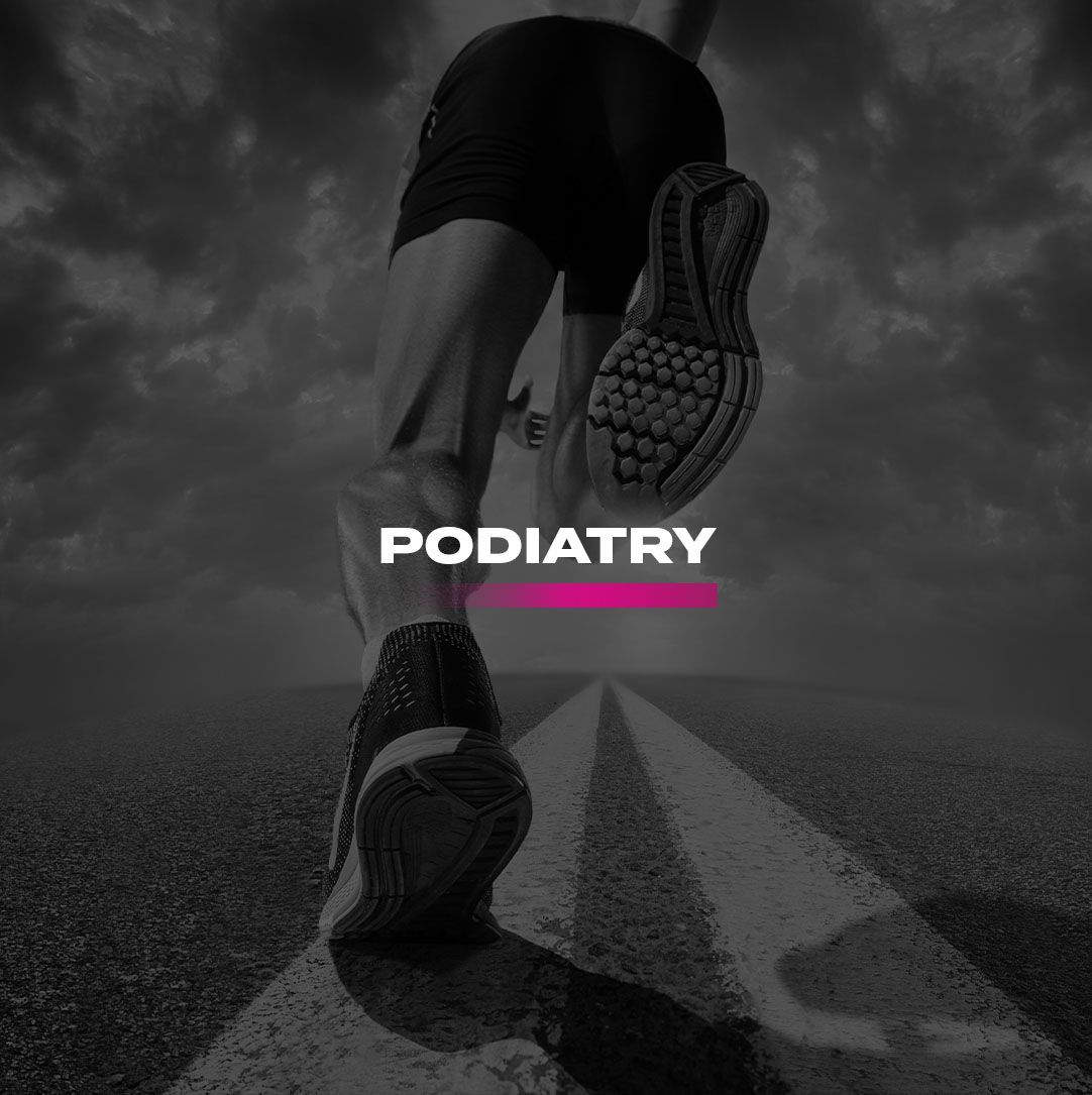 A black and white photo of a person running on a road with the word podiatry in front of her.