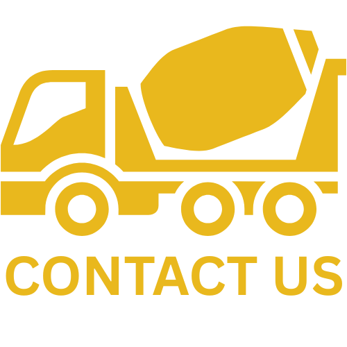 A yellow concrete mixer truck with the words contact us below it