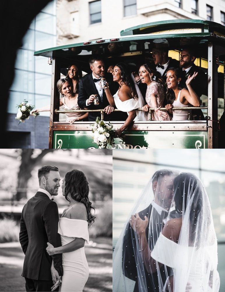 Wedding collage of the couple on their wedding day and the bridal party riding a trolley downtown Des Moines, IA.
