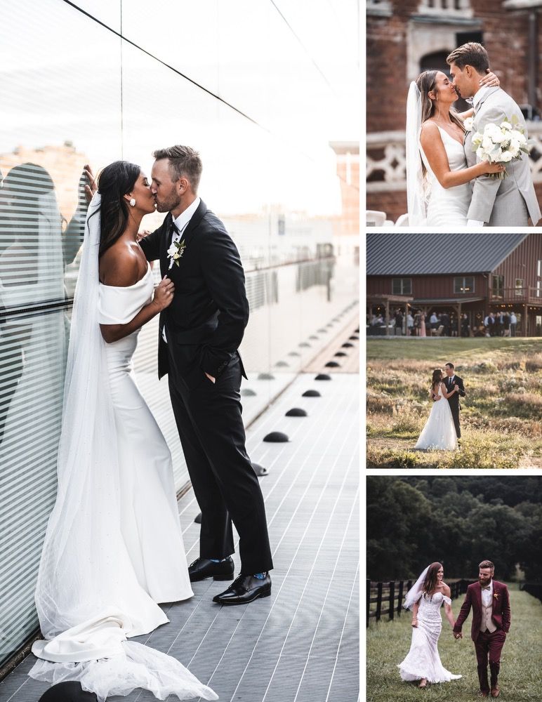 Wedding photo collage capturing a couple’s ceremony and celebration in Des Moines, Iowa.