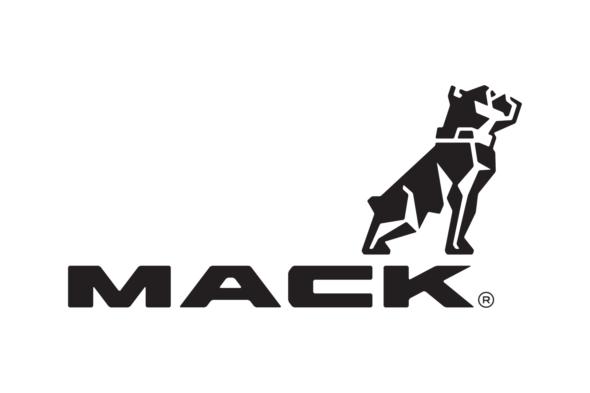 A black and white logo for mack with a dog on a white background.