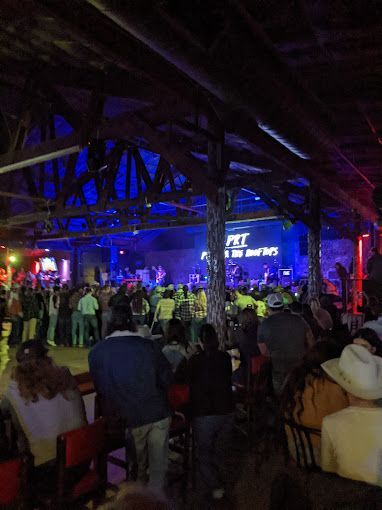 A group of people are sitting in a dark room watching a band perform.