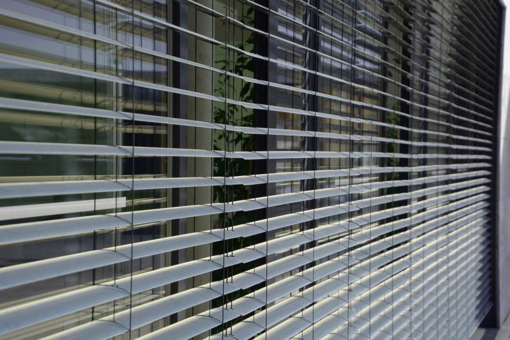 Office Window With Aluminum Blinds Outdoor — Wholesale Window Coverings in Port Stephens, NSW