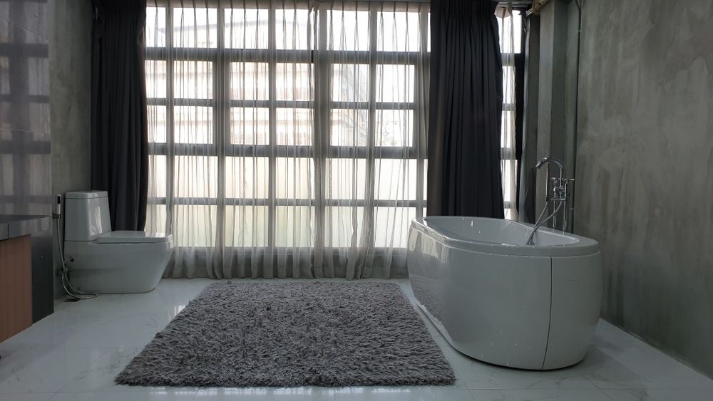 White Curtain Window Carpet Bathroom — Wholesale Window Coverings in Lake Macquarie, NSW