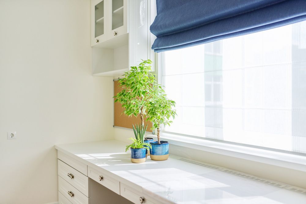 Blue Roman Blinds Window — Window Coverings in Cardiff, NSW