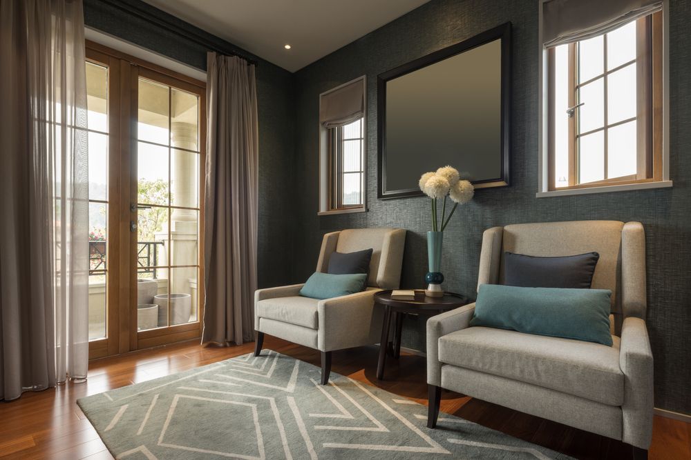 Modern Living Room With Long Curtain — Window Coverings in Cardiff, NSW