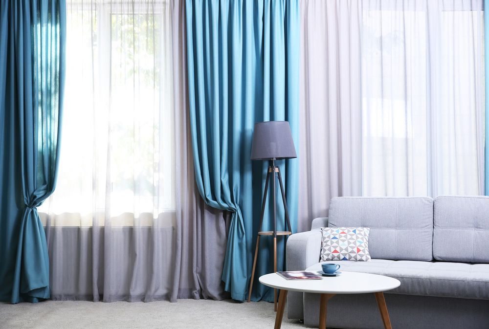 Living Room With Modern Curtains — Wholesale Window Coverings in Port Stephens, NSW