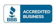 The bbb logo is blue and white and says accredited business.