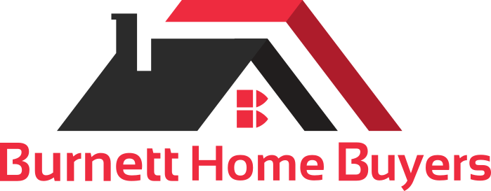 The logo for burnett home buyers shows a house with a red roof.