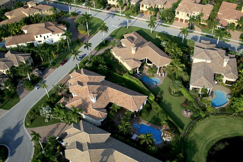 An aerial view of a residential area with lots of houses