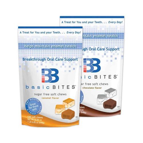 Two bags of Basic Bites sugar-free soft chews. Caramel and chocolate flavors with blue and orange accents.
