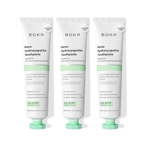 Three tubes of Boka Nano-Hydroxyapatite toothpaste, in white tubes with mint green accents.