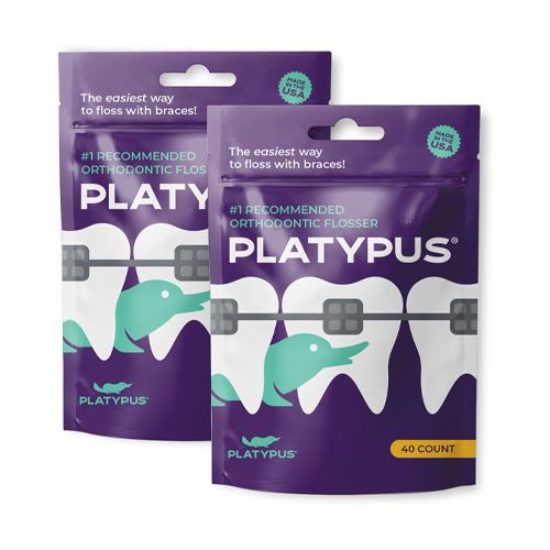 Two purple Platypus orthodontic floss packages, each with a logo and 40 counts.