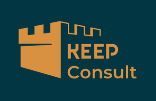 Keep Consult logotype, gold text on dark blue