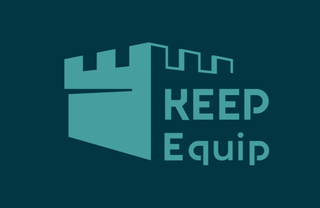 Keep Equip logotype, turquoise text on dark blue