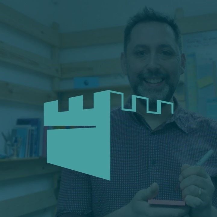 The Keep Governance and Safeguarding logomark castle device in teal overlaid on a blue photo of Andy Churcher 