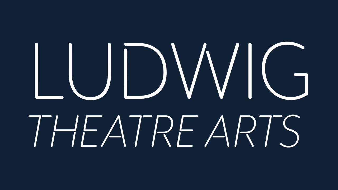 Ludwig Theatre Arts logotype white text on a dark blue background