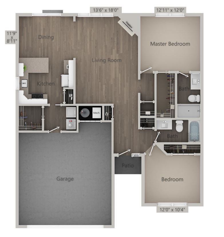 Floor plan of a house with garage, kitchen, living room, two bedrooms, and patio.
