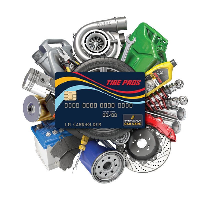 Tire Pros credit card surrounded by car parts.
