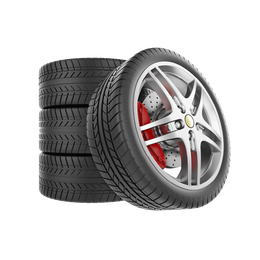 Stack of four tires next to one tire with a silver rim and red brake calipers.