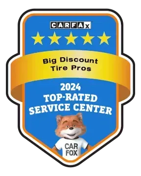 CARFAX award badge: Big Discount Tire Pros, a top-rated service center in 2024, featuring Car Fox mascot.
