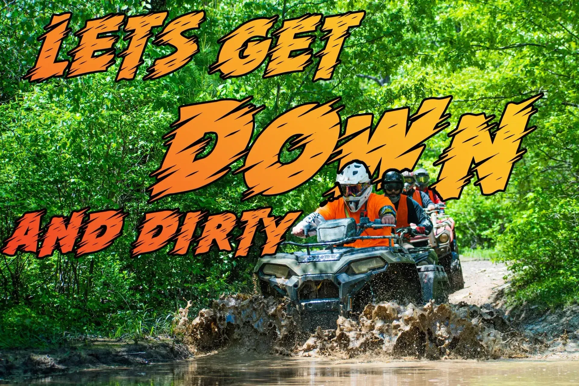 A group of people are riding atvs through a muddy river.