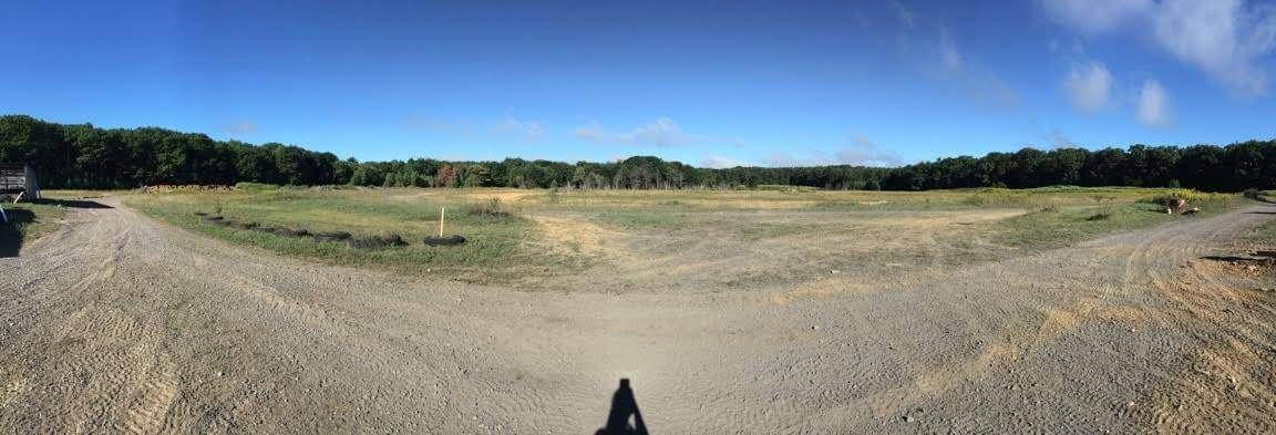 A dirt road going through a field with trees in the background.
