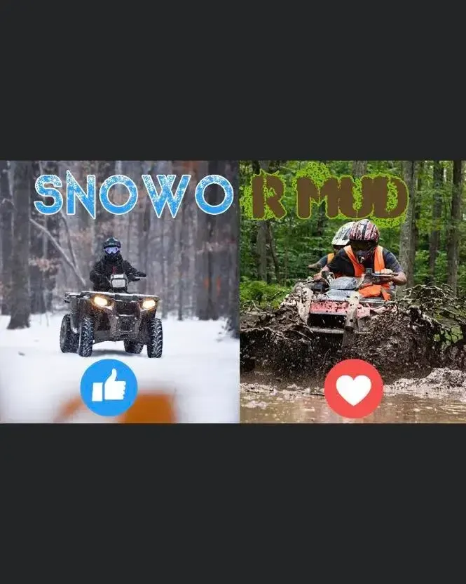 A man is riding an atv in the snow and a man is riding an atv in the mud.