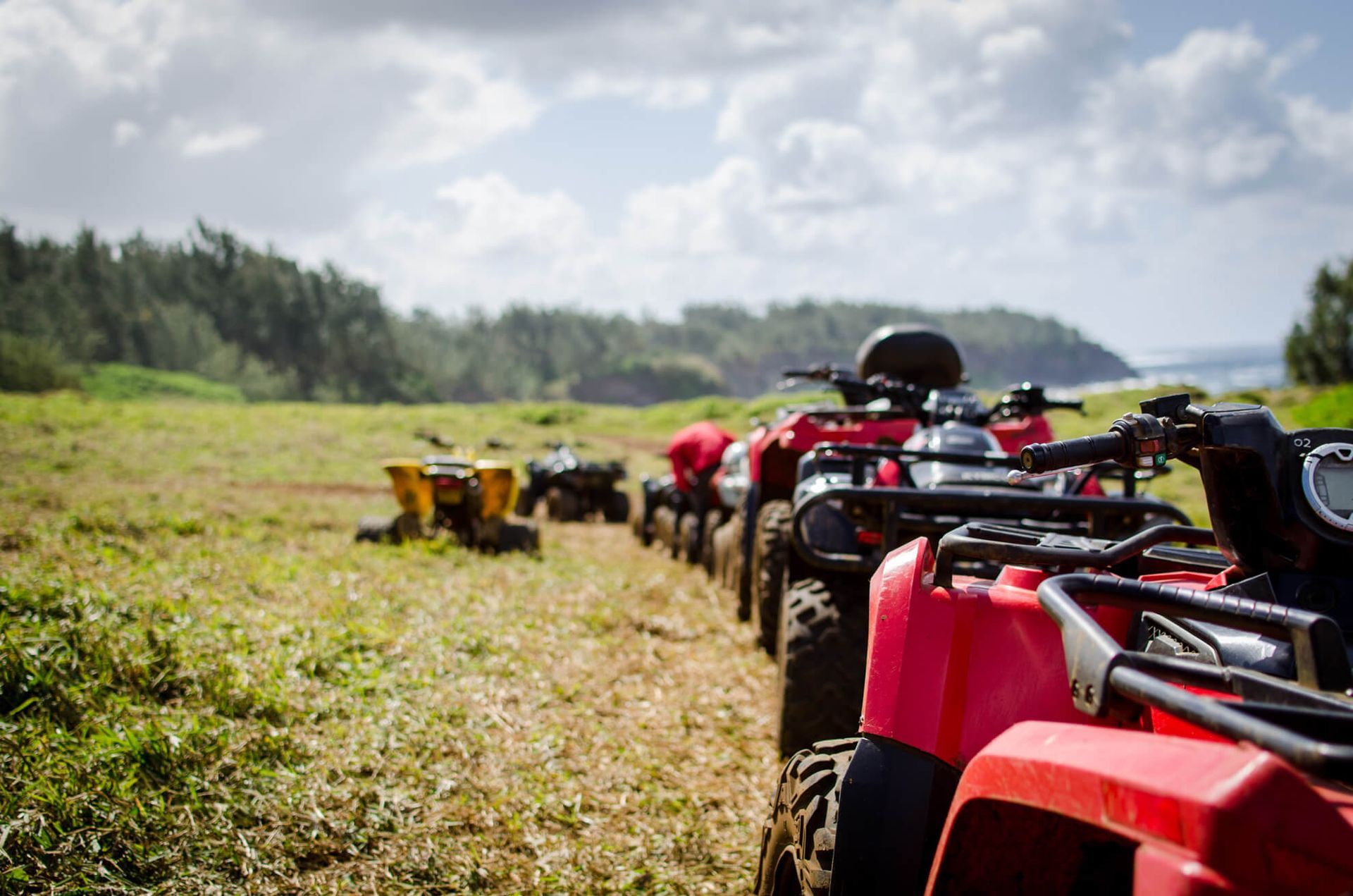 A row of atvs are parked in a grassy field.