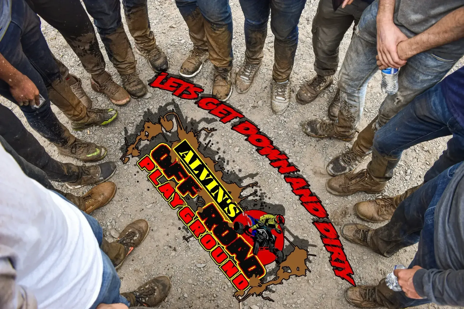 A group of people are standing in a circle with the word offroad on the ground
