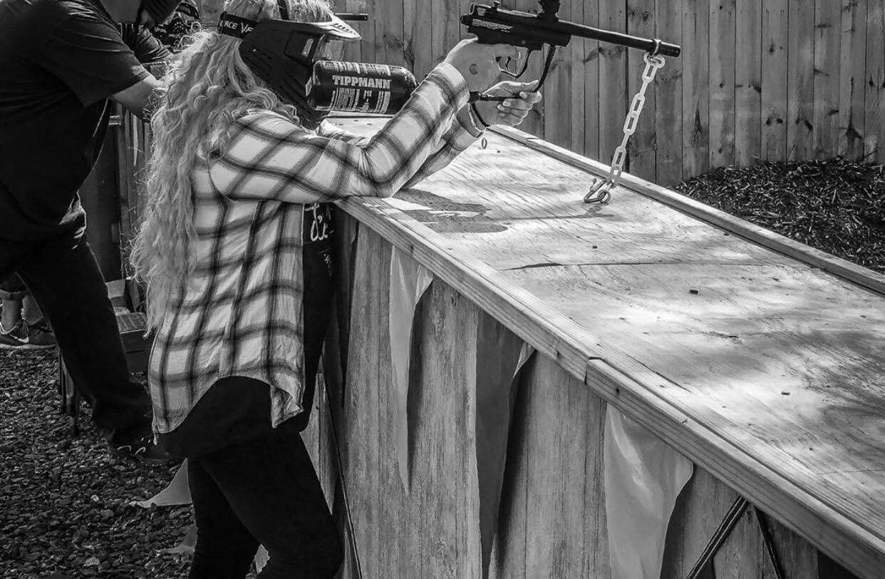 Black and white image of people at Alvin's Offroad Playground
