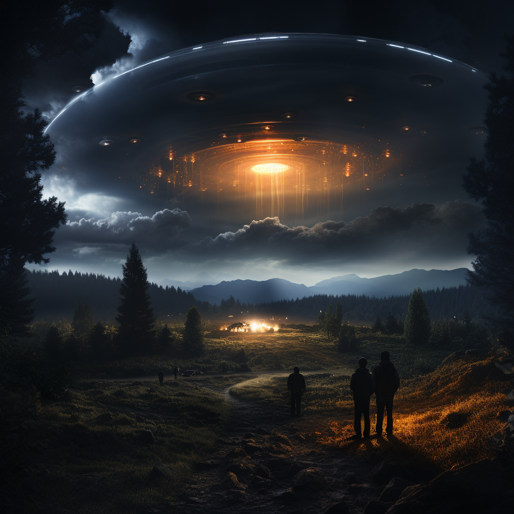 a group of people standing in front of an ufo in the sky