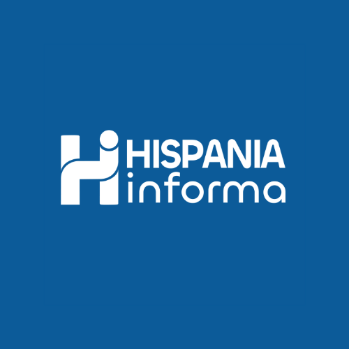 El logotipo de Hispania Informa está sobre un fondo azul.