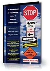 Book cover with stop signs and arrows about New York auto insurance.