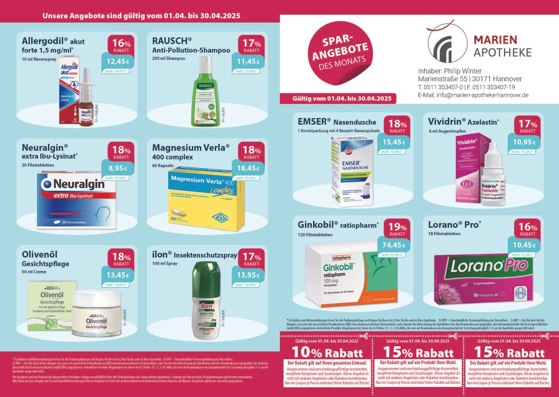 Ein Flyer für die Marien-Apotheke zeigt eine Vielzahl von Produkten