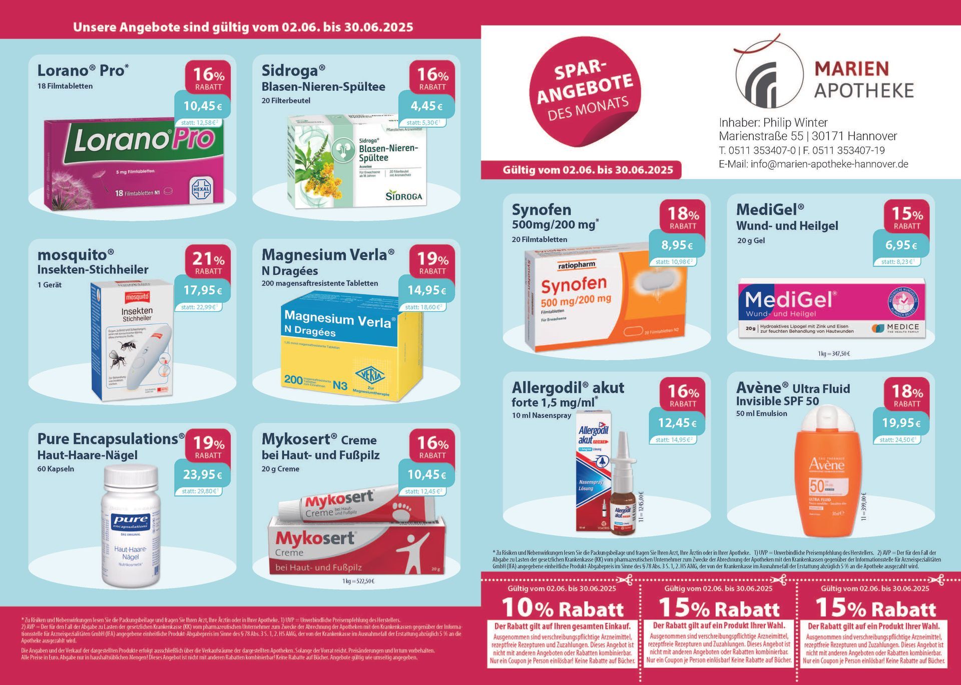 Ein Flyer für die Marien-Apotheke zeigt eine Vielzahl von Produkten