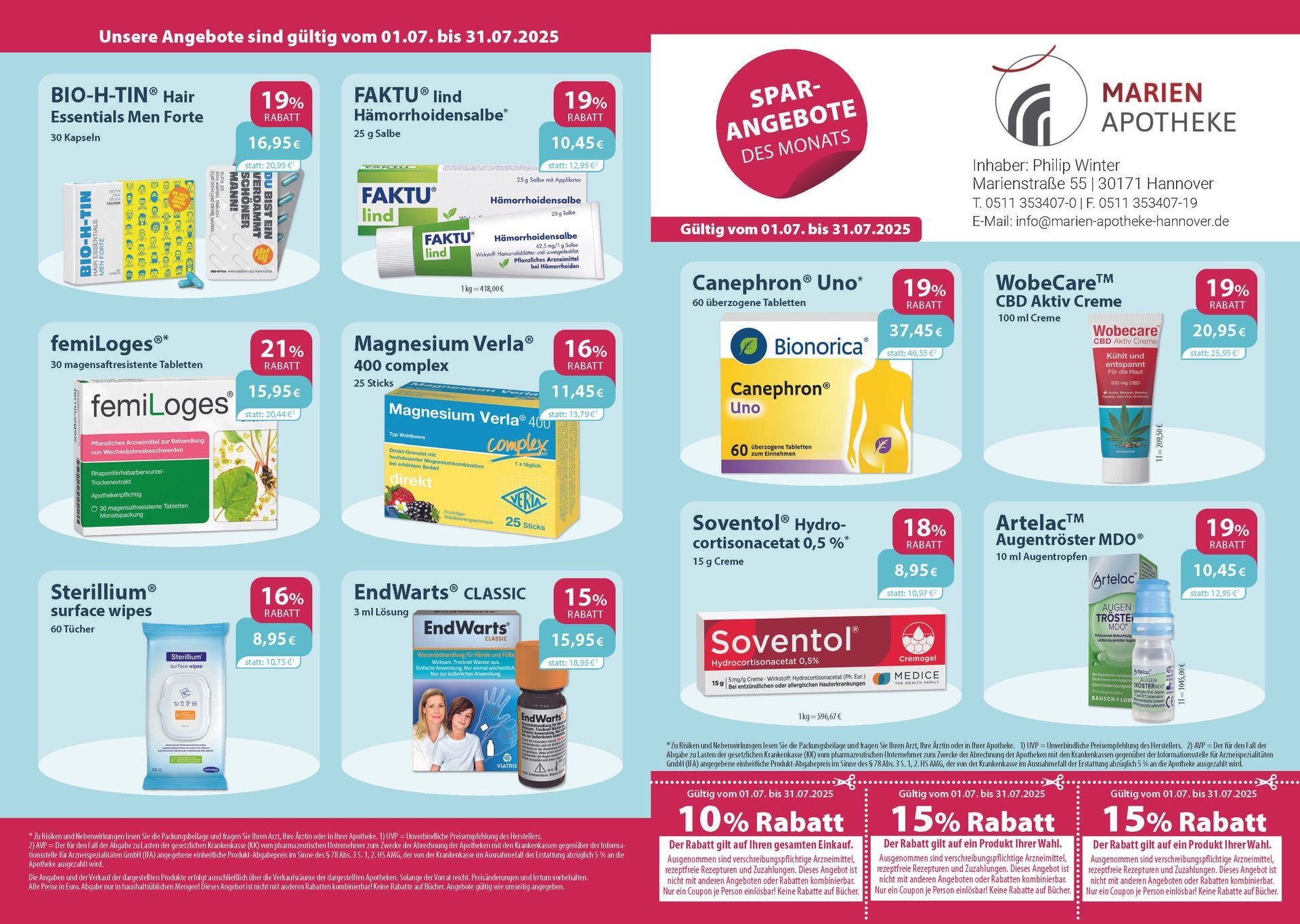 Ein Flyer für die Marien-Apotheke zeigt eine Vielzahl von Produkten