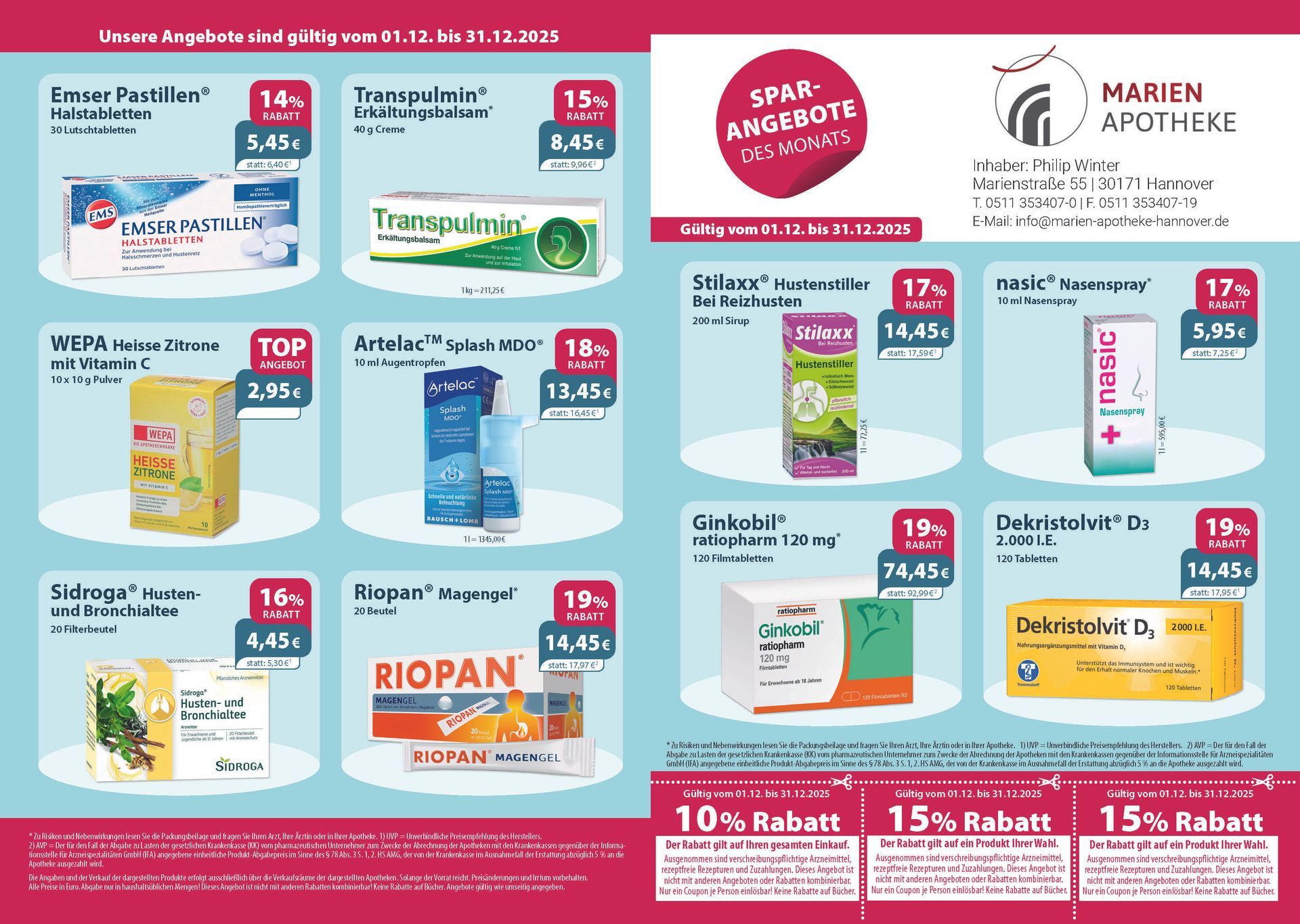 Ein Flyer für die Marien-Apotheke zeigt eine Vielzahl von Produkten