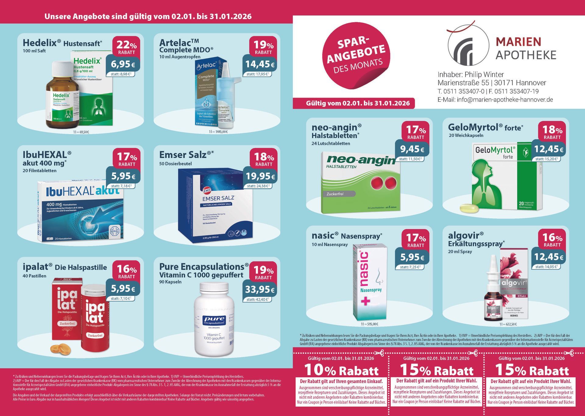 Ein Flyer für die Marien-Apotheke zeigt eine Vielzahl von Produkten