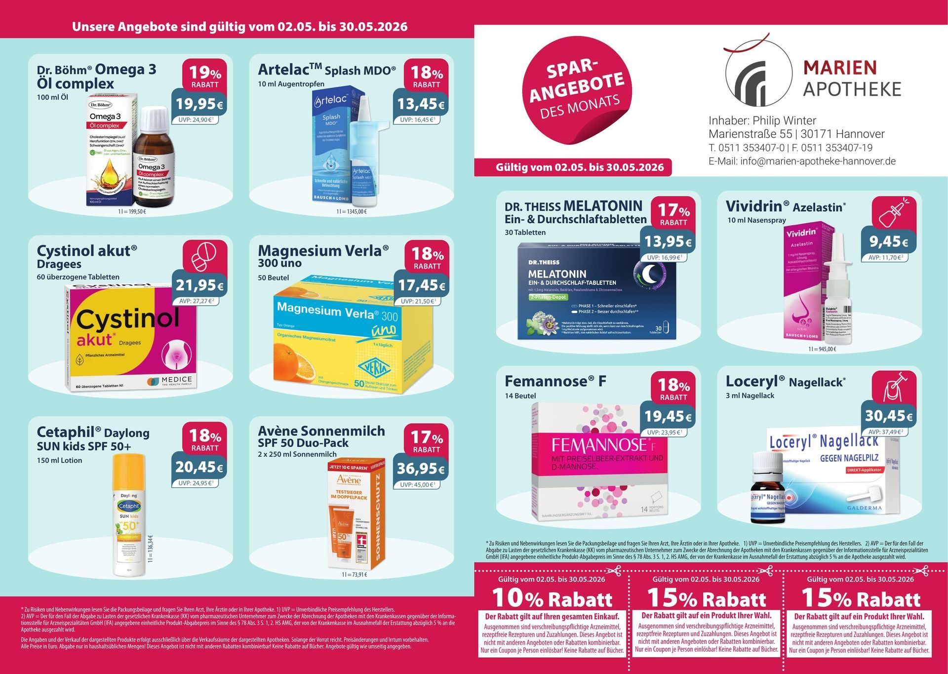 Ein Flyer für die Marien-Apotheke zeigt eine Vielzahl von Produkten
