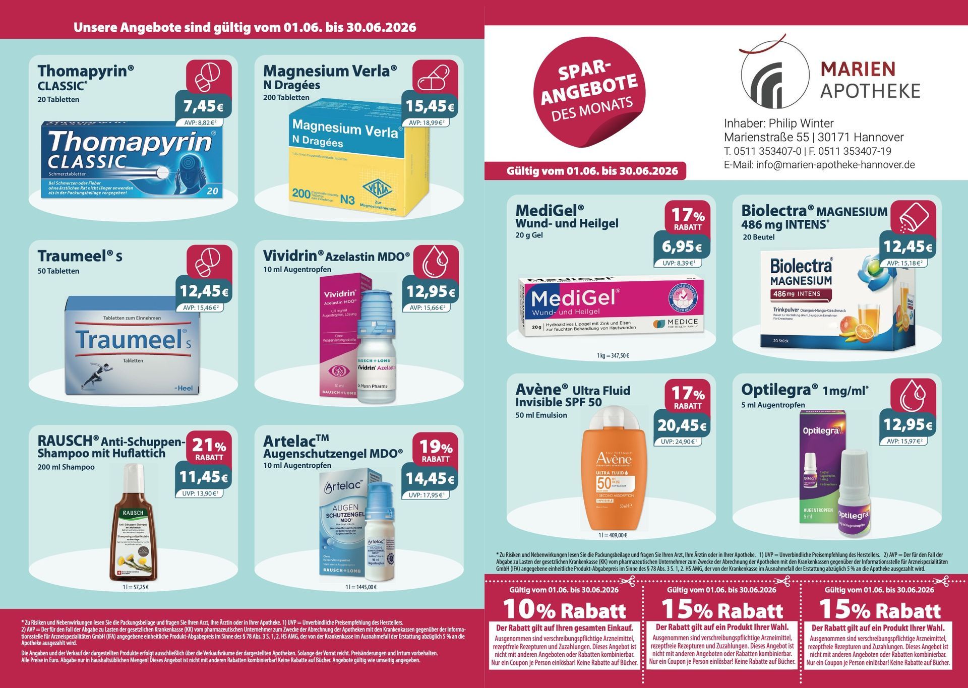 Ein Flyer für die Marien-Apotheke zeigt eine Vielzahl von Produkten