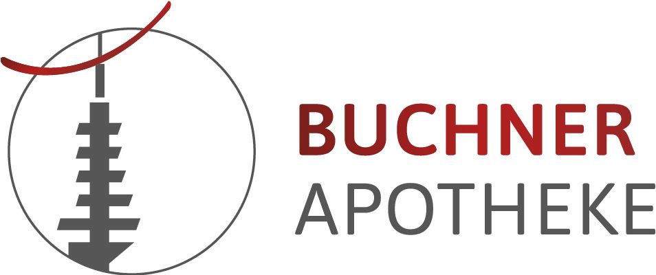 Logo Buchner Apotheke. Es zeigt einen grauen Turm in einem Kreis mit einer darüber verlaufenden roten geschwungenen Linie.