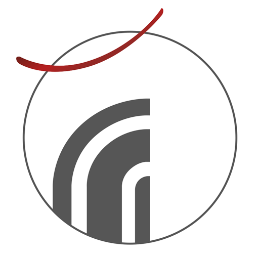 Weißer Kreis mit grauem, geschwungenem Muster und einem darüberliegenden roten Bogen.