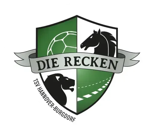 Das Logo des TSV Hannover-Burgdorf, „Die Recken“, zeigt ein Pferd, einen Fußball und ein Straßenmotiv in Grün und Schwarz.
