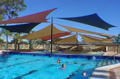 A group of people are swimming in a pool under umbrellas.