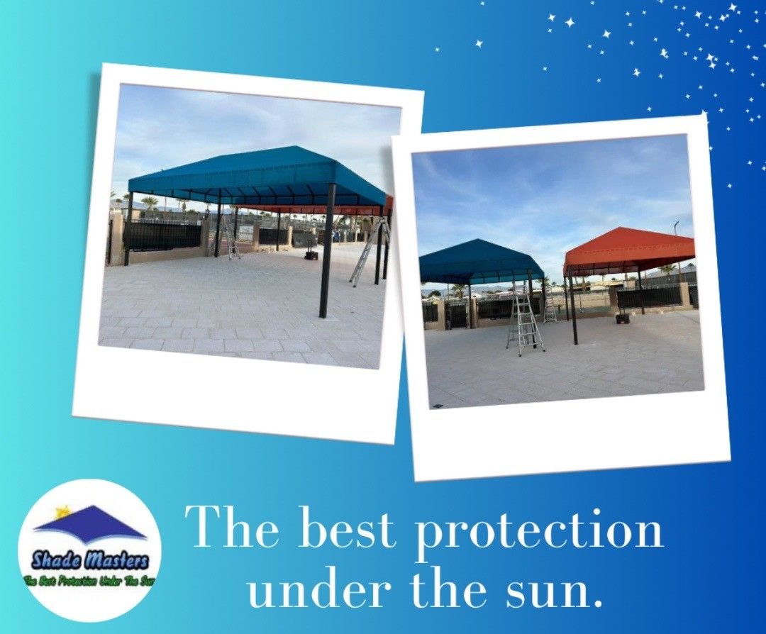 A blue and red canopy with the words